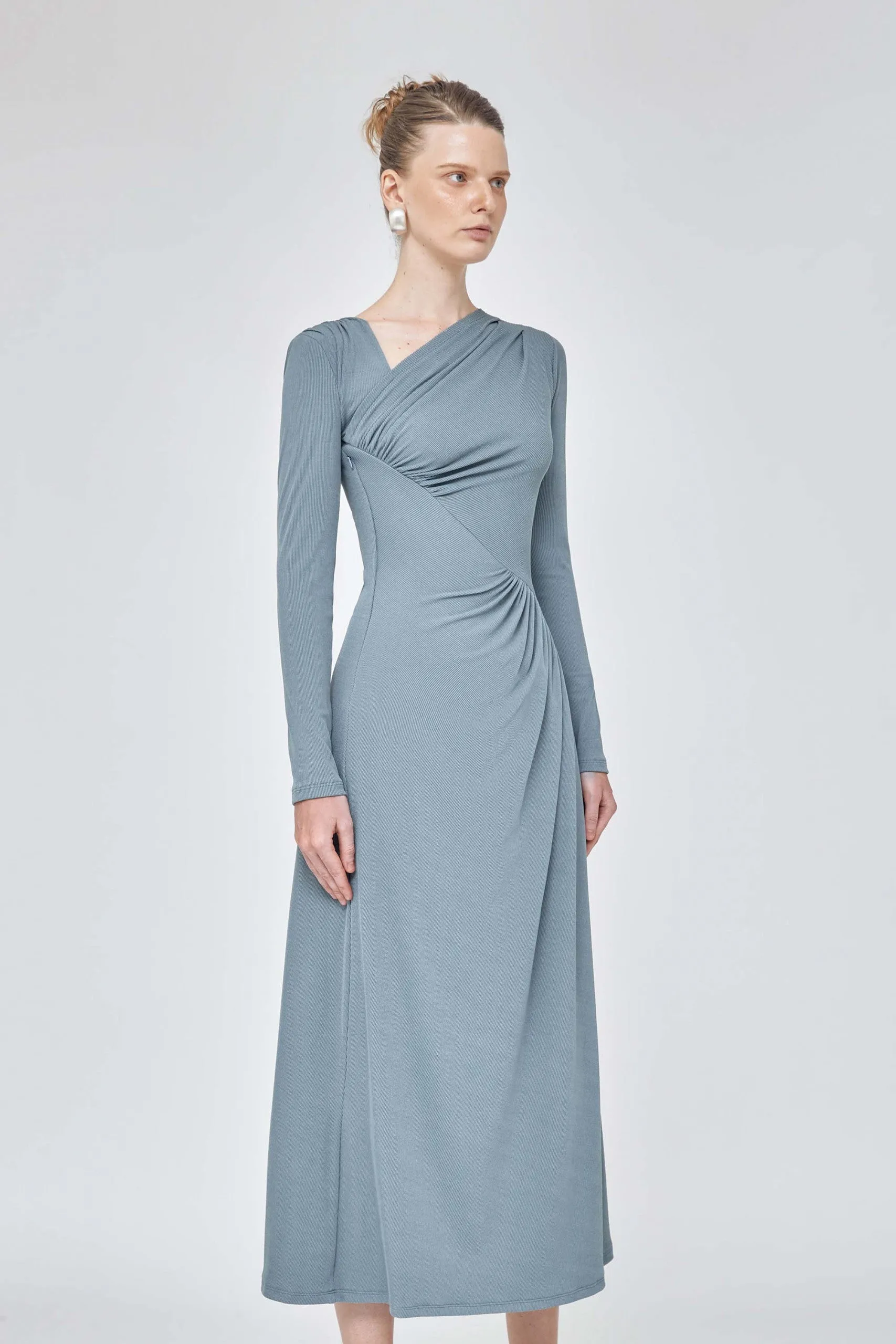 One shoulder long sleeve ruched midi elegant dress- Layla