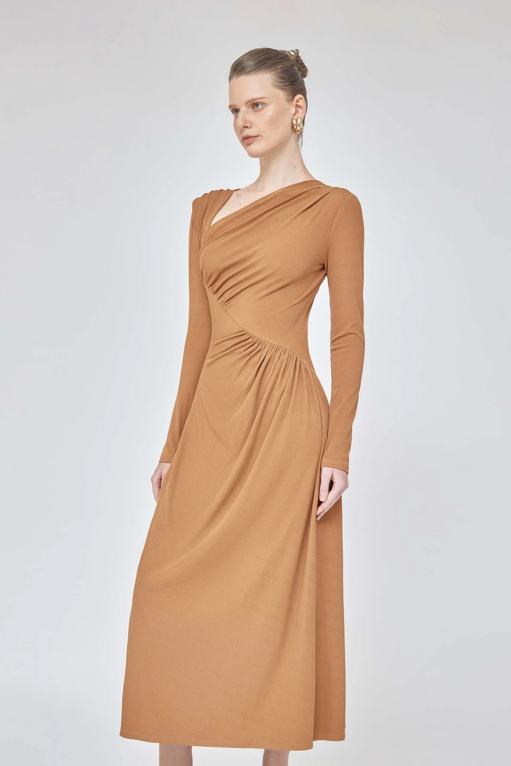 One shoulder long sleeve ruched midi elegant dress- Layla