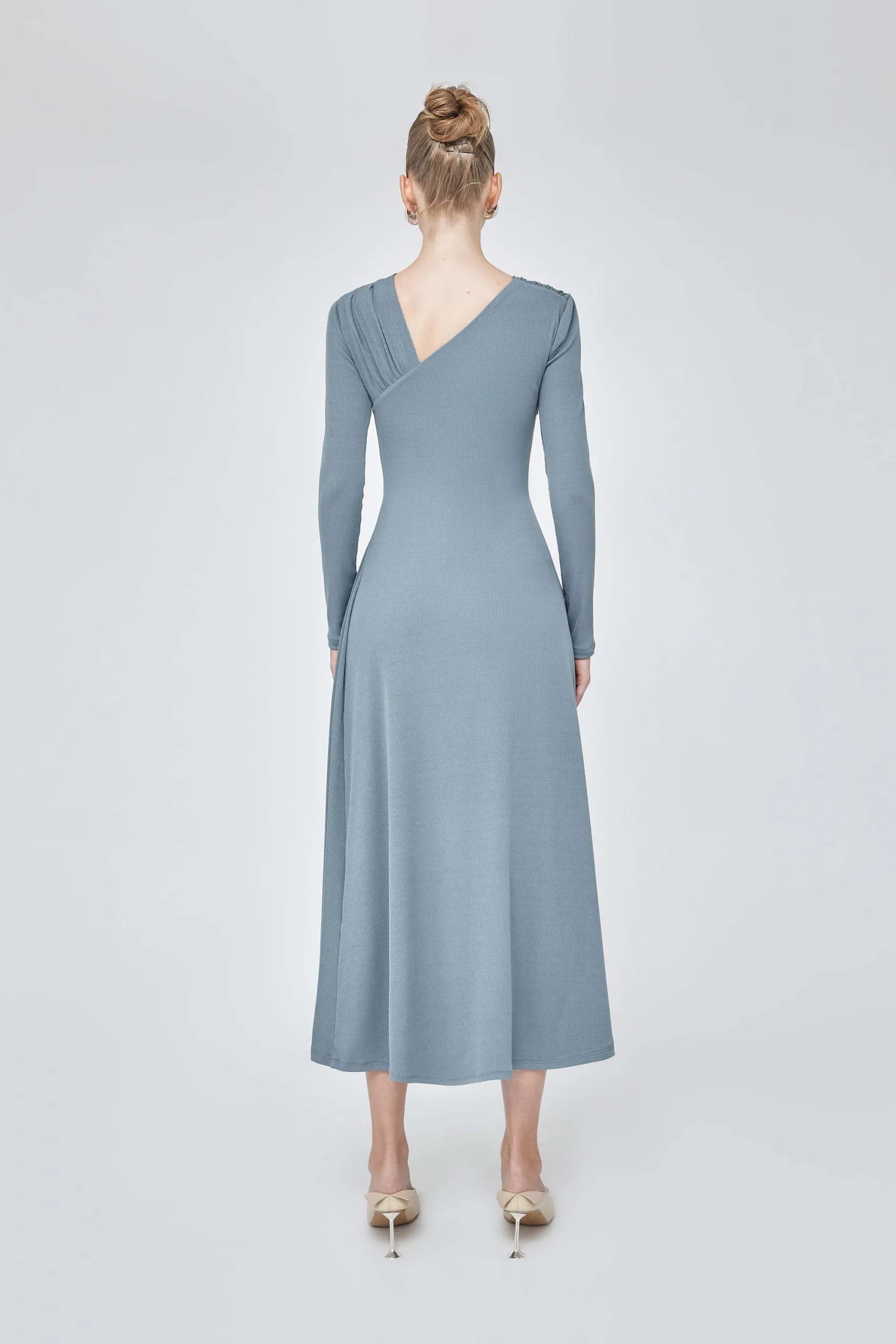 One shoulder long sleeve ruched midi elegant dress- Layla