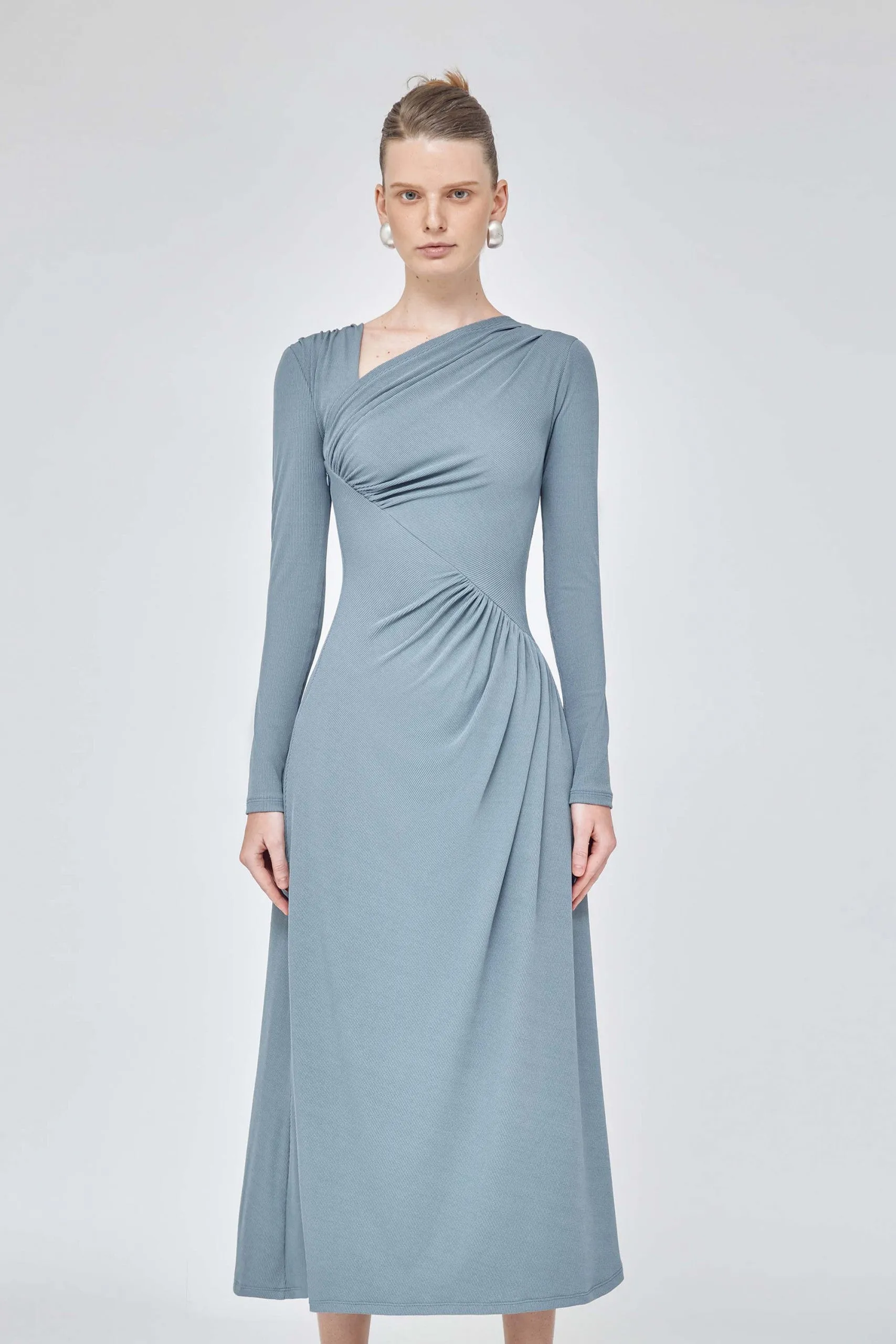 One shoulder long sleeve ruched midi elegant dress- Layla