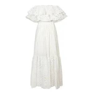 Patchwork Embroidery Long Dress For Women Slash Neck Short Sleeve High Waist Cut Out Midi Dresses Female Fashion Summer New