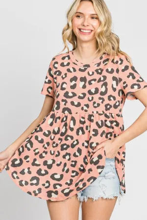 Plus Leopard Print Waffle Babydoll Top