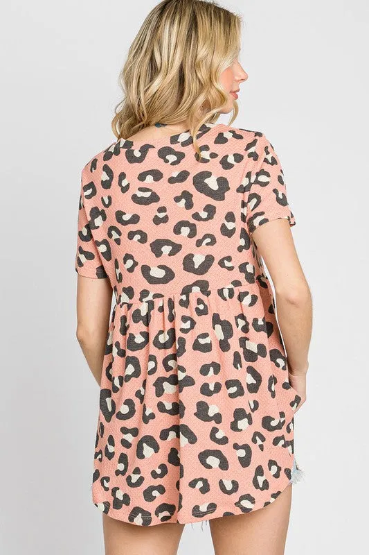 Plus Leopard Print Waffle Babydoll Top