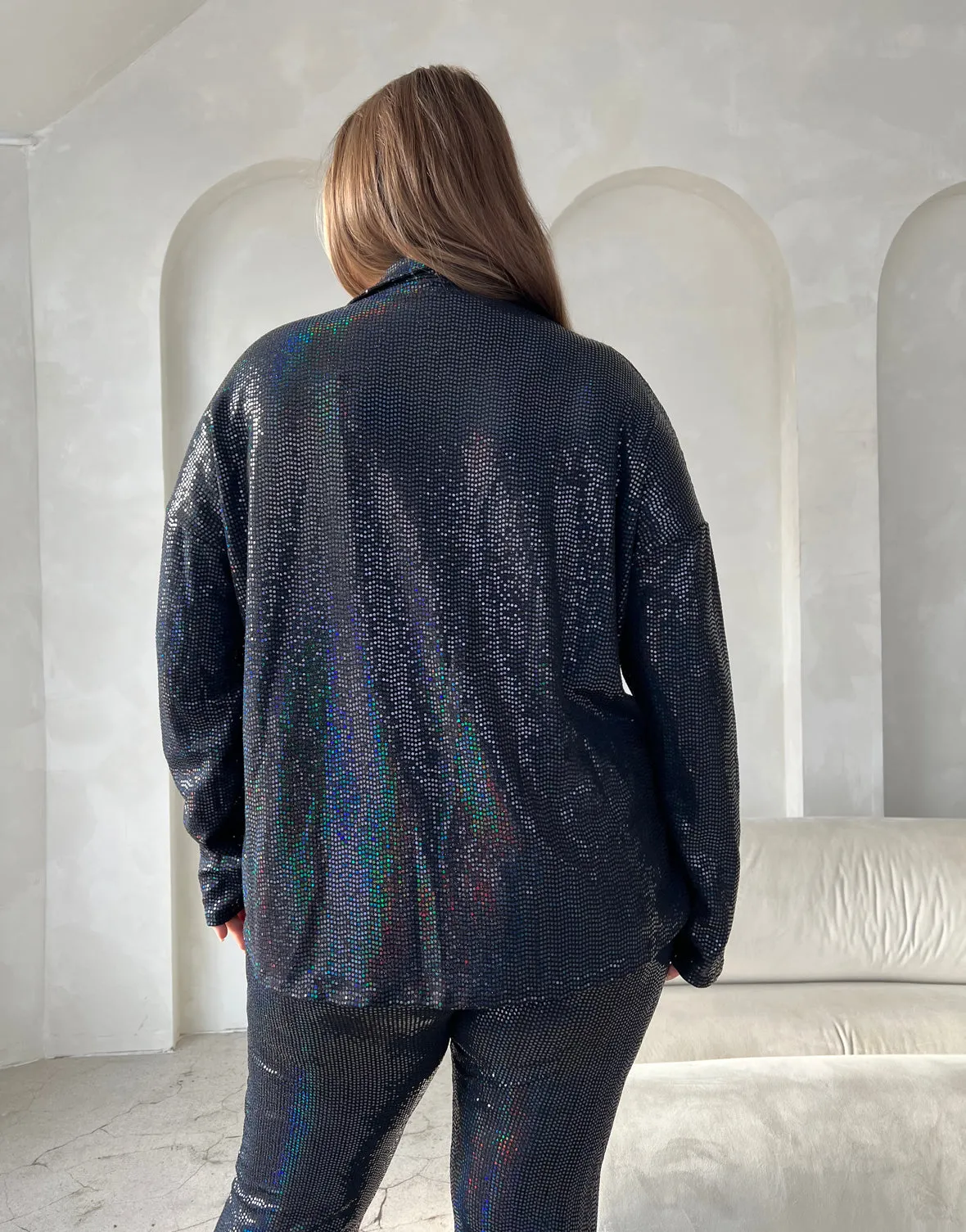Plus Size Button Up Disco Sequin Shirt