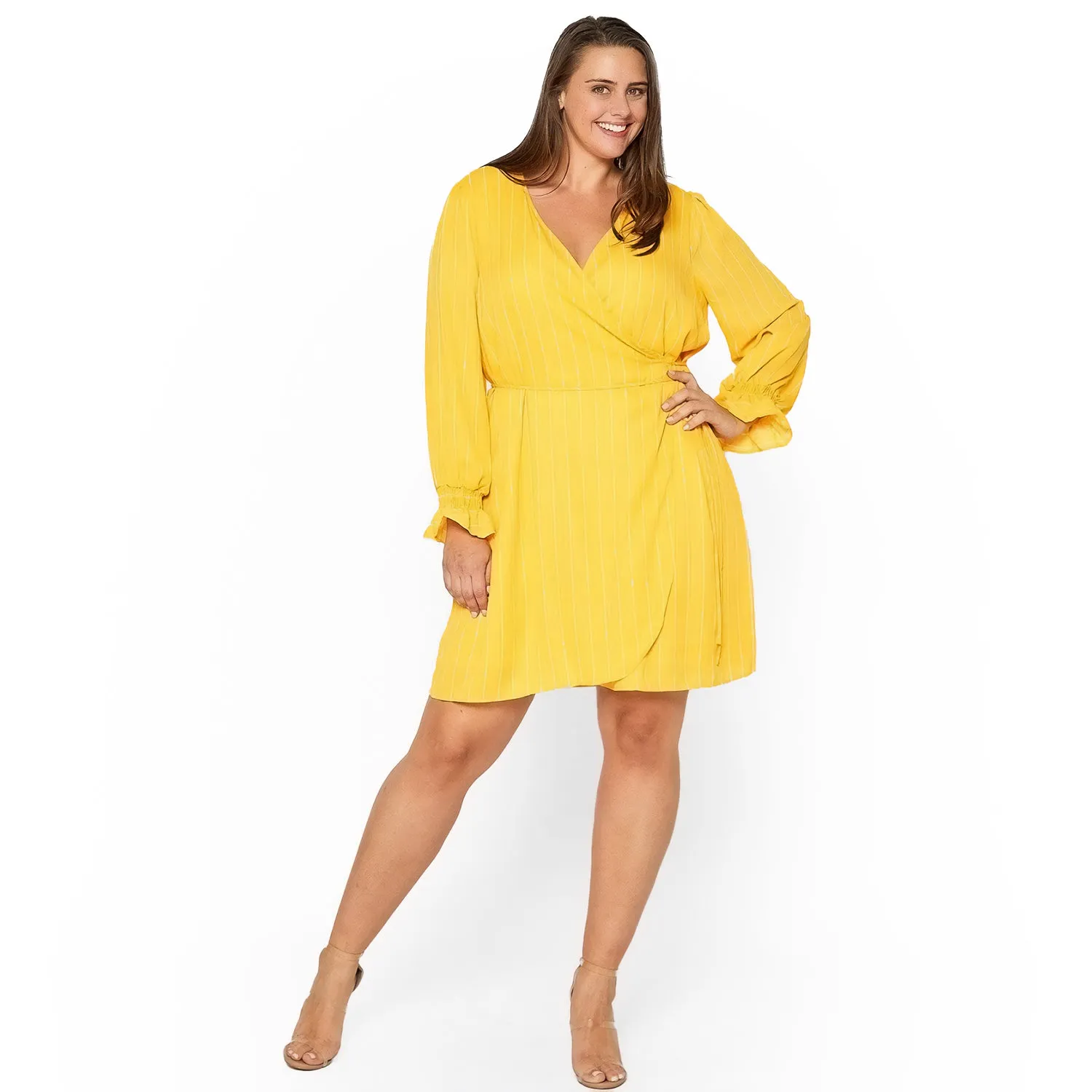 Plus Size Smocked Bell Sleeve Wrap Dress in Yellow