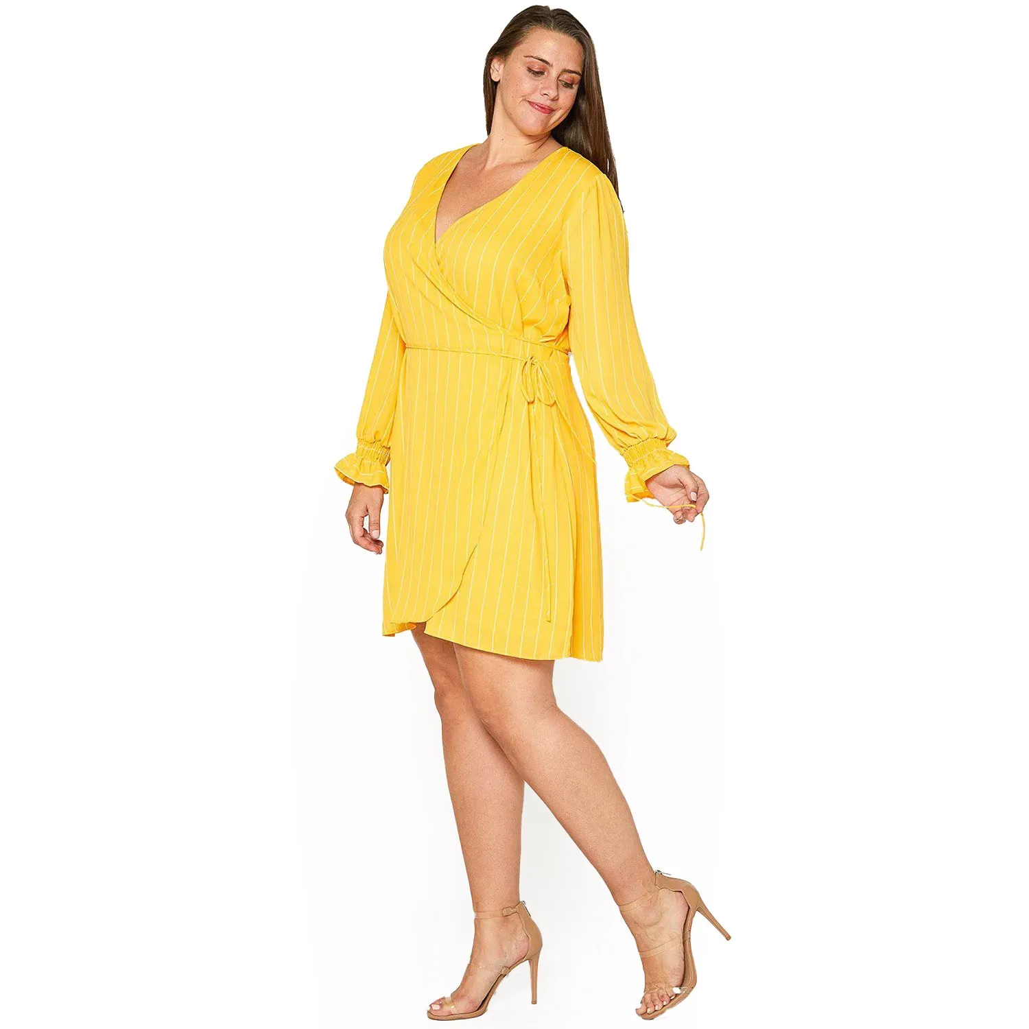 Plus Size Smocked Bell Sleeve Wrap Dress in Yellow