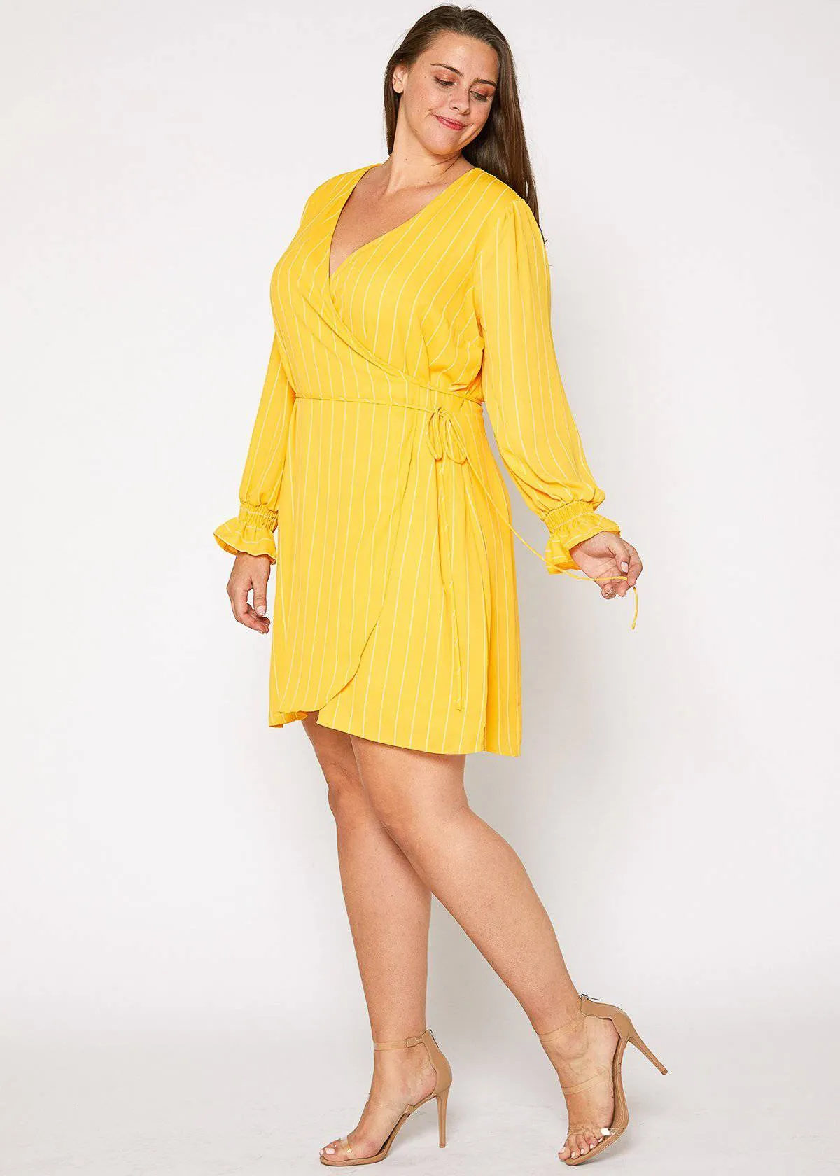 Plus Size Smocked Bell Sleeve Wrap Dress in Yellow