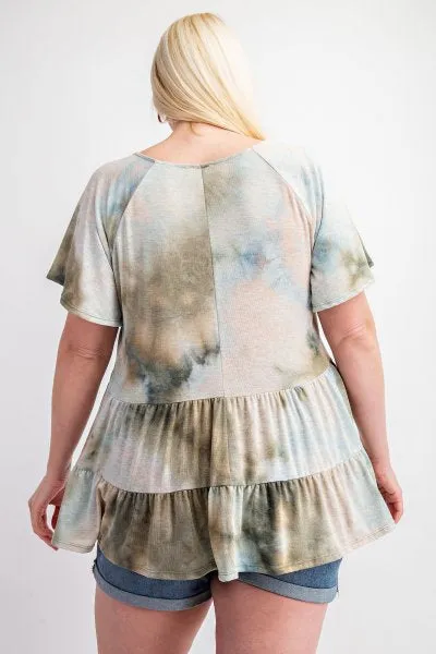 PLUS SIZE TIERED RUFFLE TIE DYE BABYDOLL TOP - OLIVE