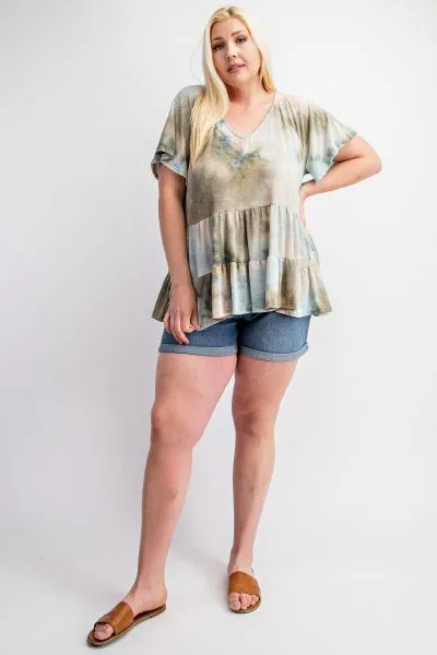 PLUS SIZE TIERED RUFFLE TIE DYE BABYDOLL TOP - OLIVE