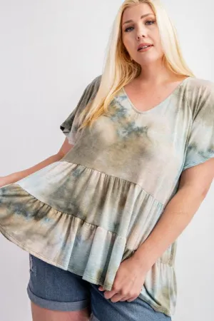 PLUS SIZE TIERED RUFFLE TIE DYE BABYDOLL TOP - OLIVE