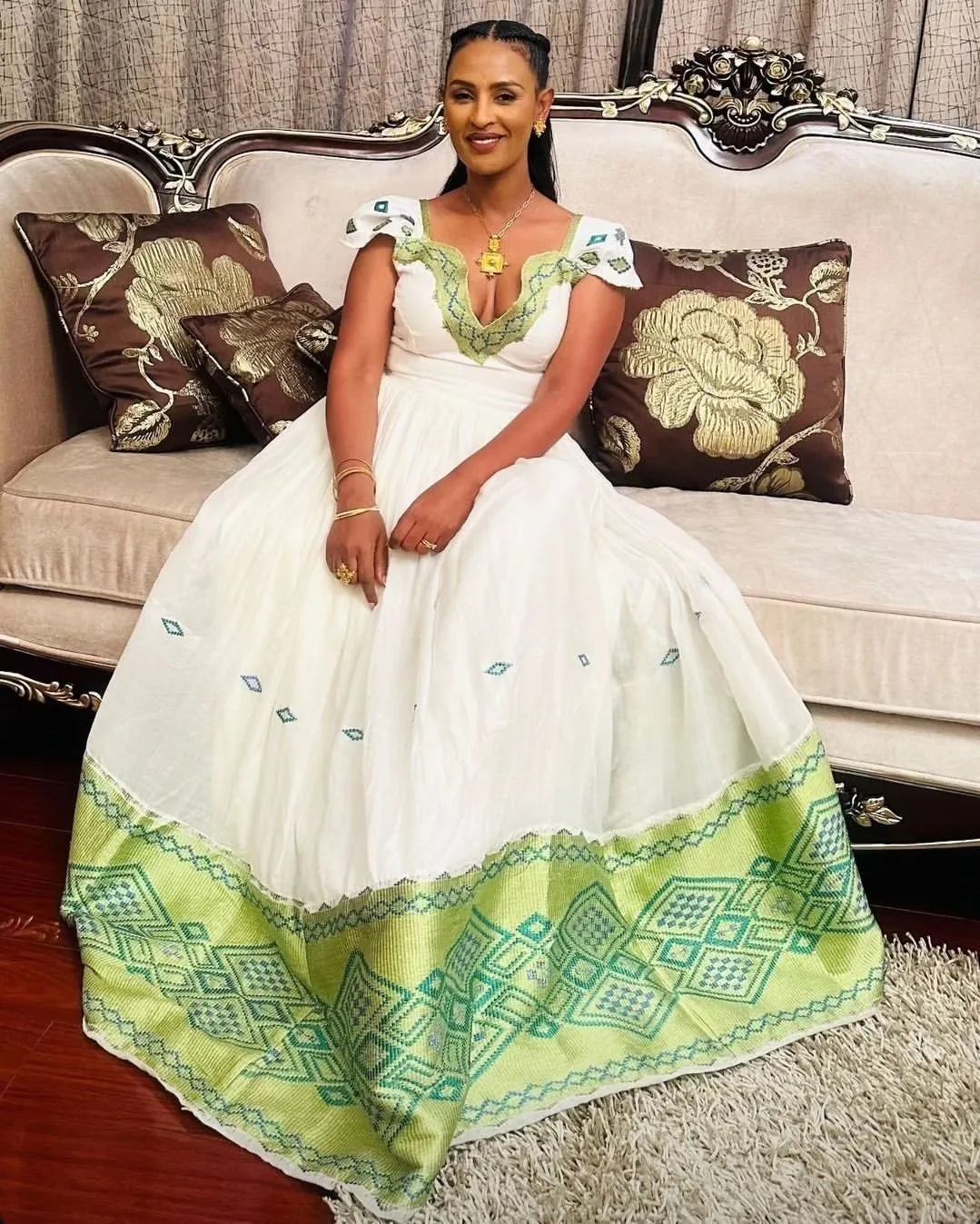Polished Look with Green Habesha Dress: Short Sleeved Simple Ethiopian Traditional Dress Timeless Habesha Kemis