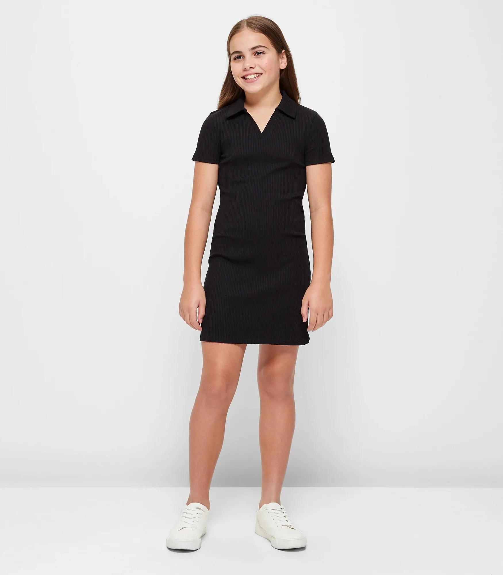 popular  Australian Cotton Short Sleeve Rib Polo Knit Dress - Black