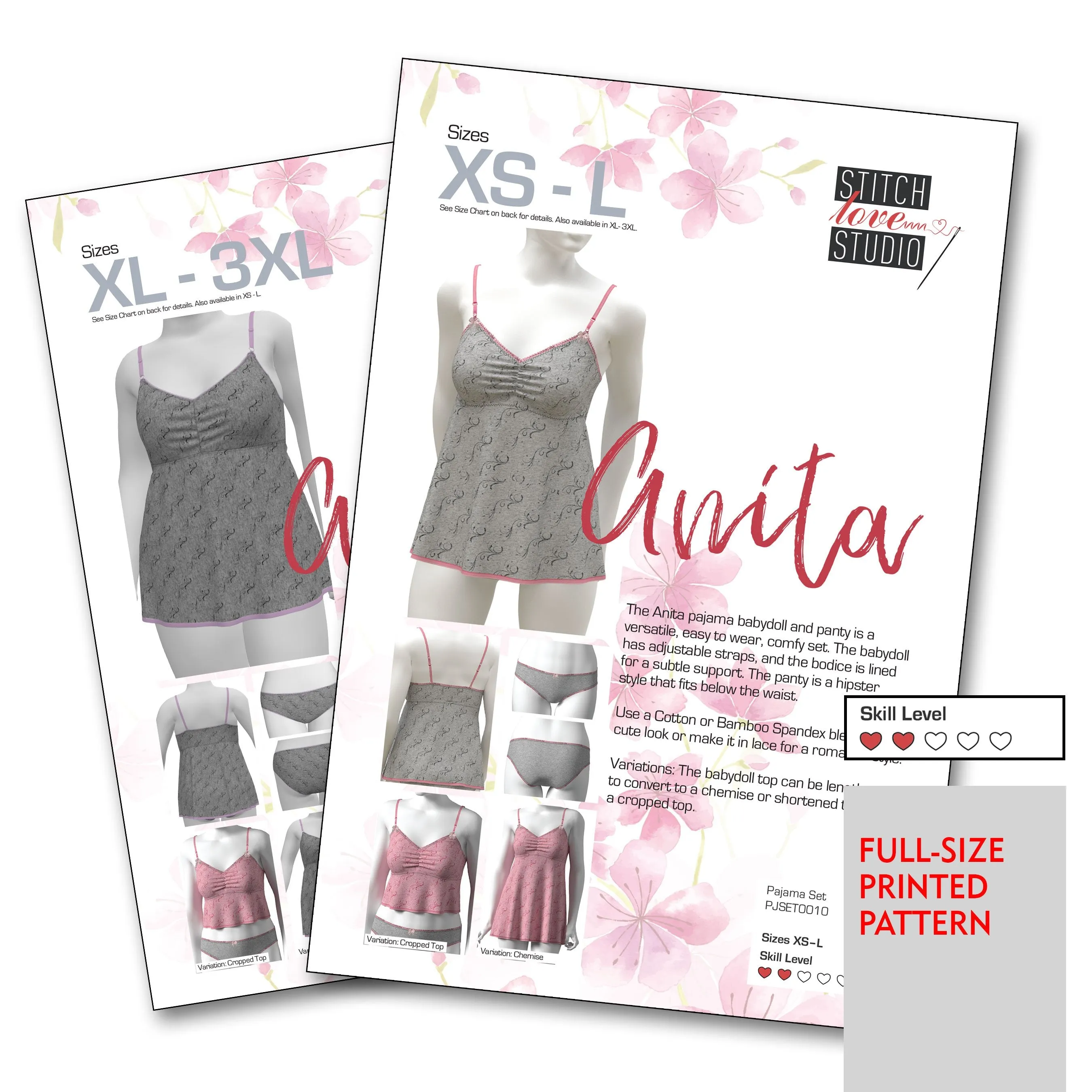 Printed "Anita" Babydoll and Panty Set Sewing Pattern, Sizes XS-L or XL-3XL