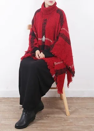 red plaid tassel cloak women casual high neck knit sweater