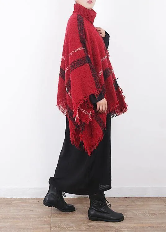 red plaid tassel cloak women casual high neck knit sweater