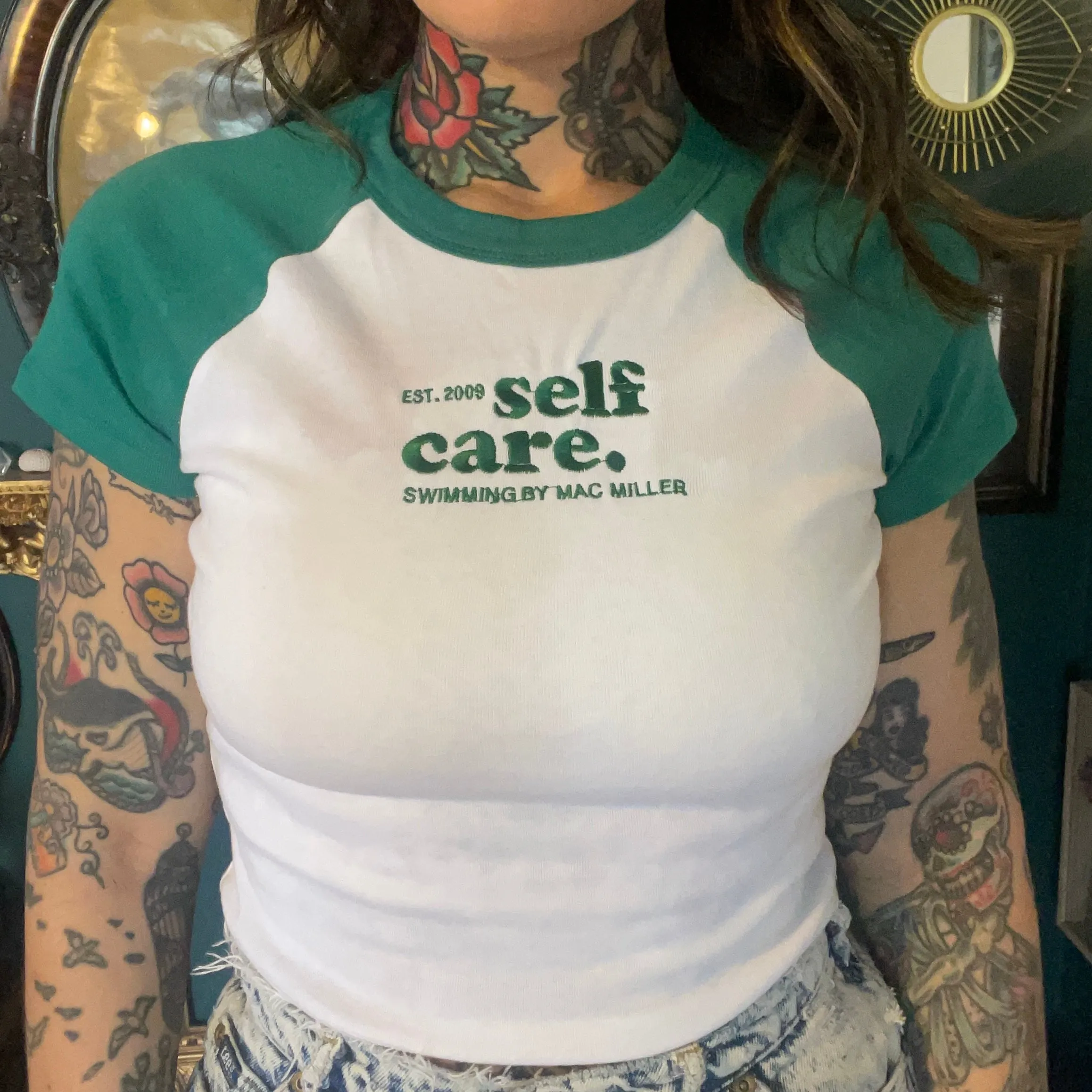 Self Care Embroidered Baby Doll Crop Top