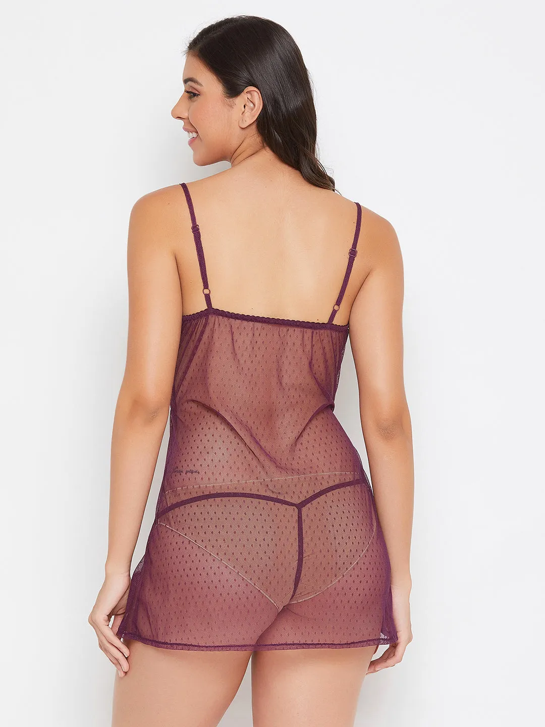 Self-Patterned Sheer Babydoll In Burgundy
