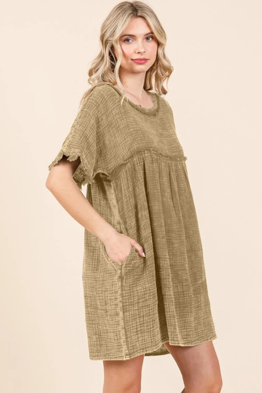 Short Sleeve Babydoll Texture Dress with Pockets - Iced Coffee