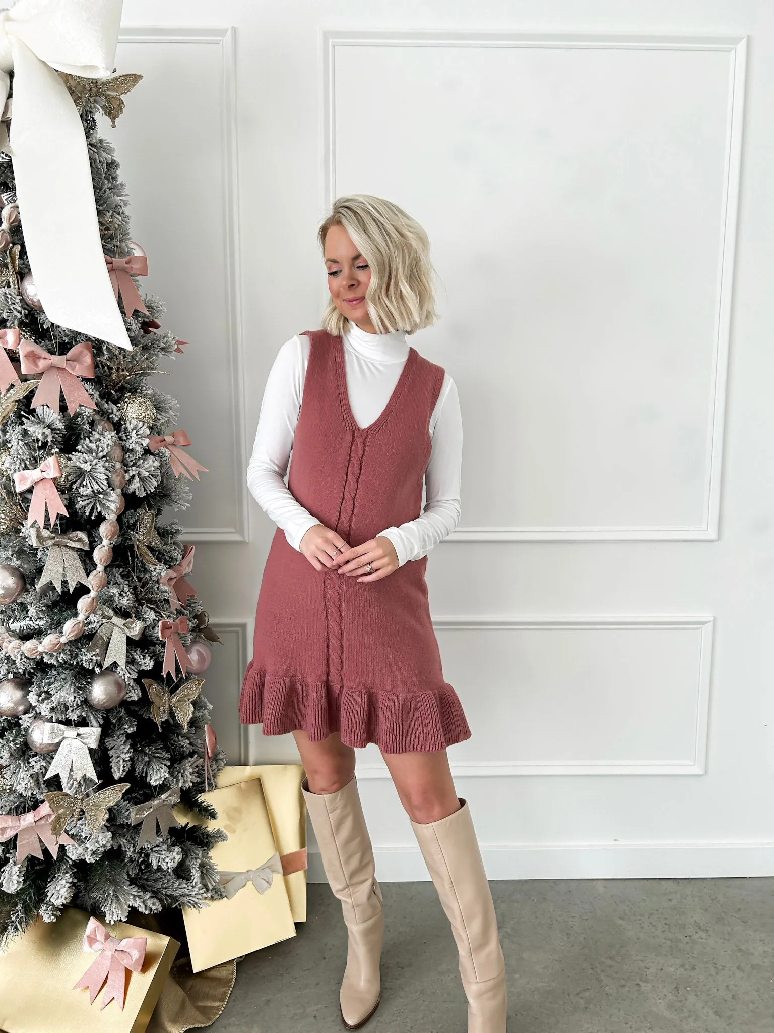 Simply Sweet Mauve Knit Ruffle Sweater Dress FINAL SALE