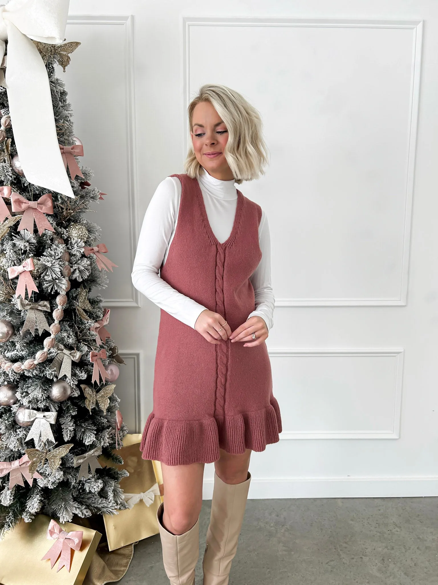Simply Sweet Mauve Knit Ruffle Sweater Dress FINAL SALE
