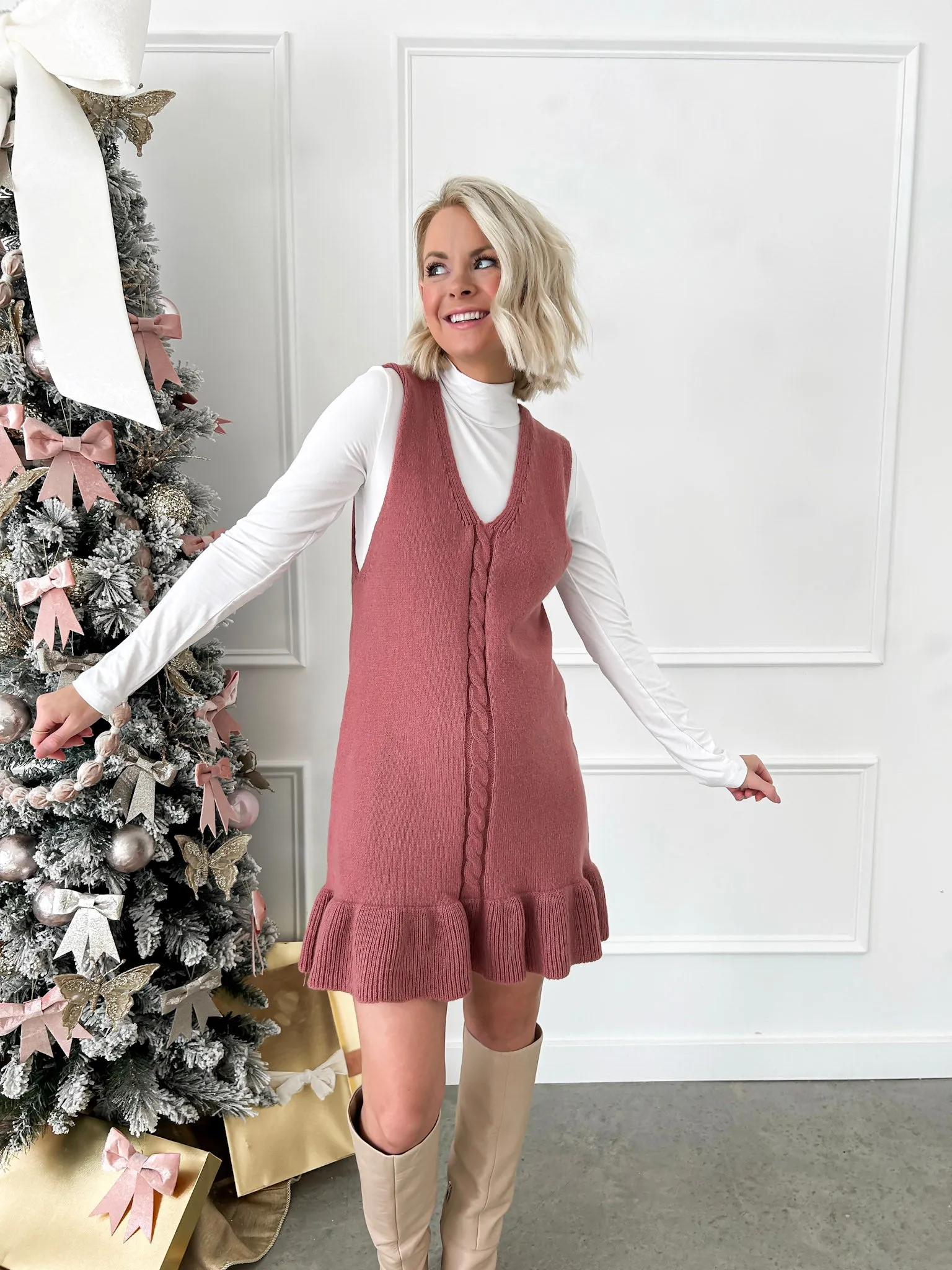 Simply Sweet Mauve Knit Ruffle Sweater Dress FINAL SALE