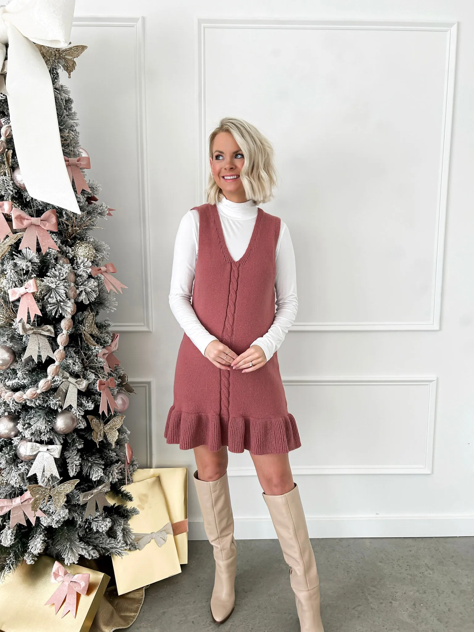 Simply Sweet Mauve Knit Ruffle Sweater Dress FINAL SALE