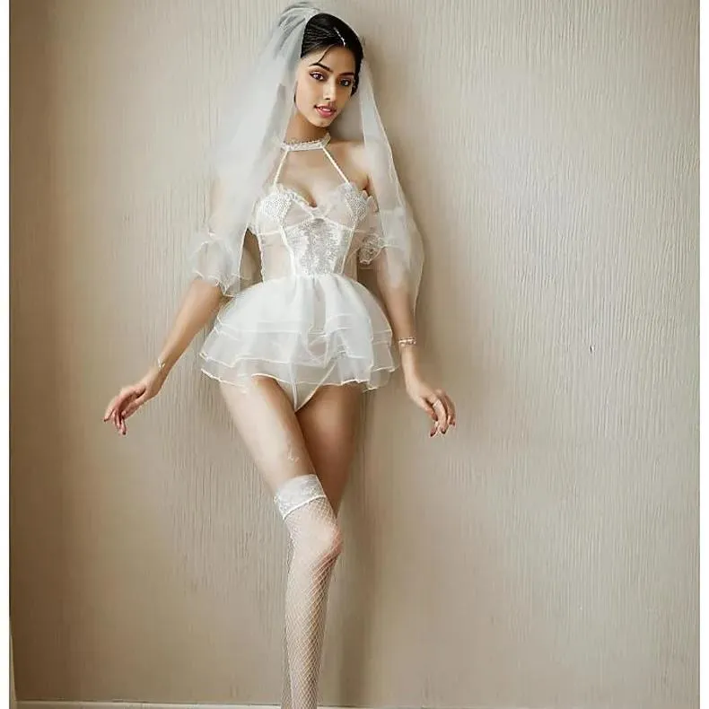 Skylar Mesh Sheer Bridal Babydoll Lingerie Set