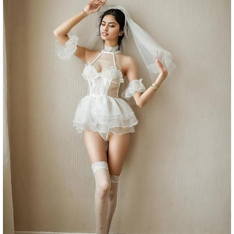 Skylar Mesh Sheer Bridal Babydoll Lingerie Set
