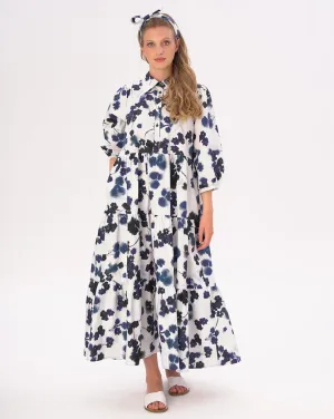 Small Floral Tiered Cotton Belted Maxi Shirtdress