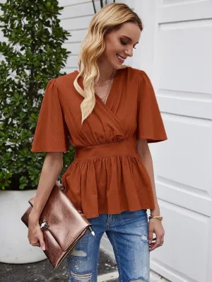 Solid Surplice Front Babydoll Blouse