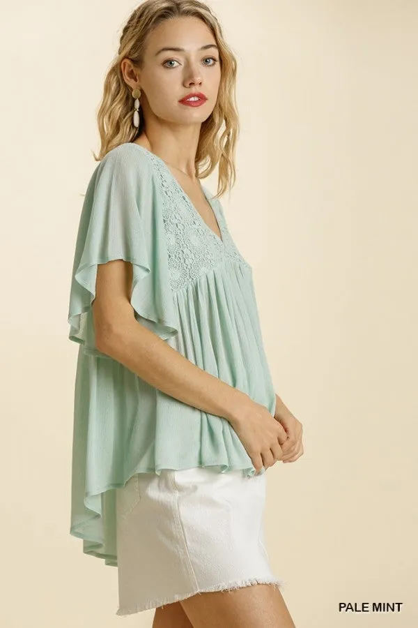 V-Neck Embroidered Detail Ruffle Babydoll Top