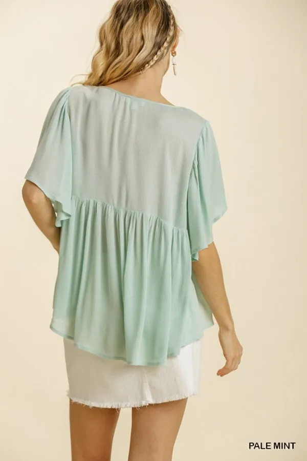 V-Neck Embroidered Detail Ruffle Babydoll Top