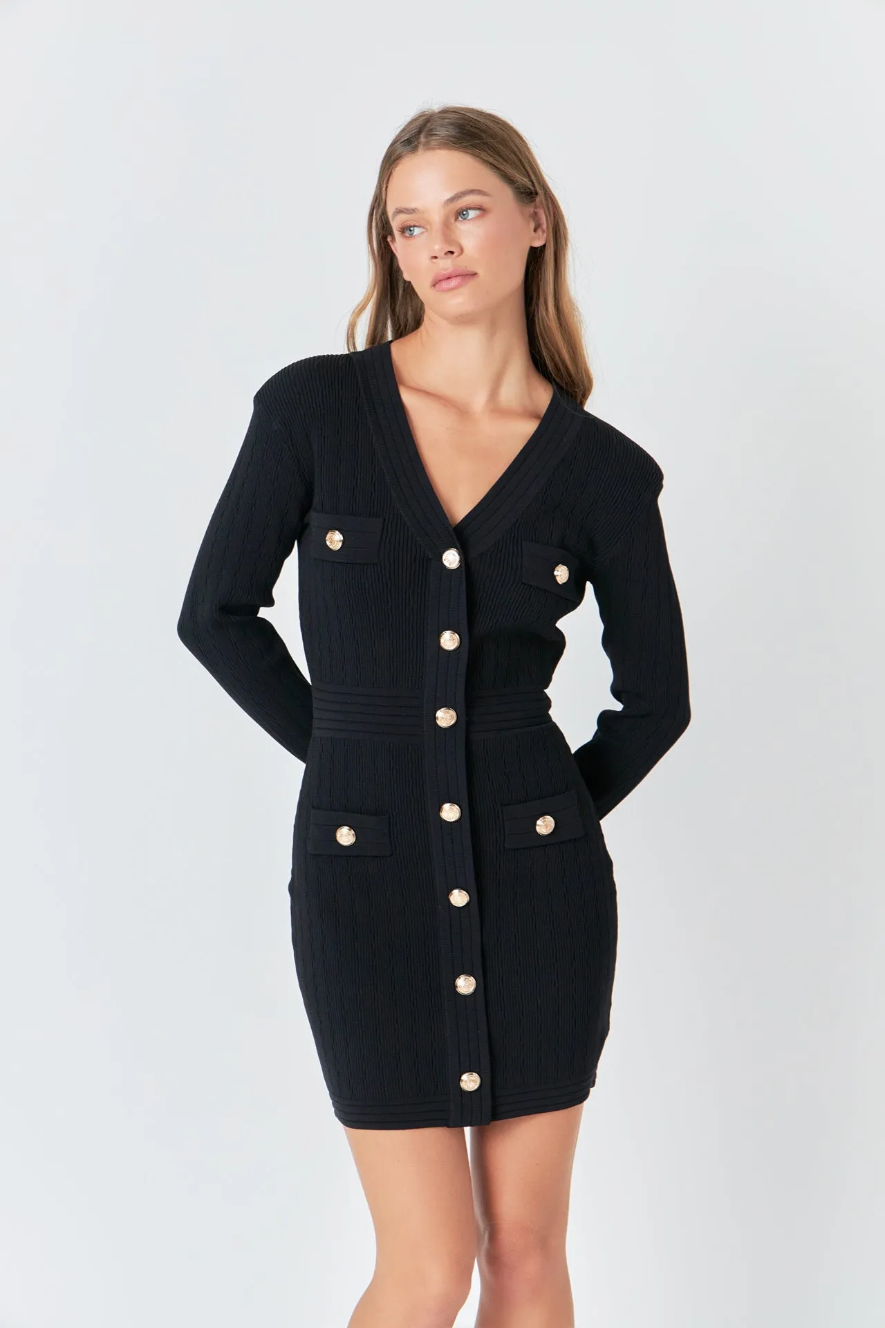 V-neck Long Sleeve Knit Mini Dress