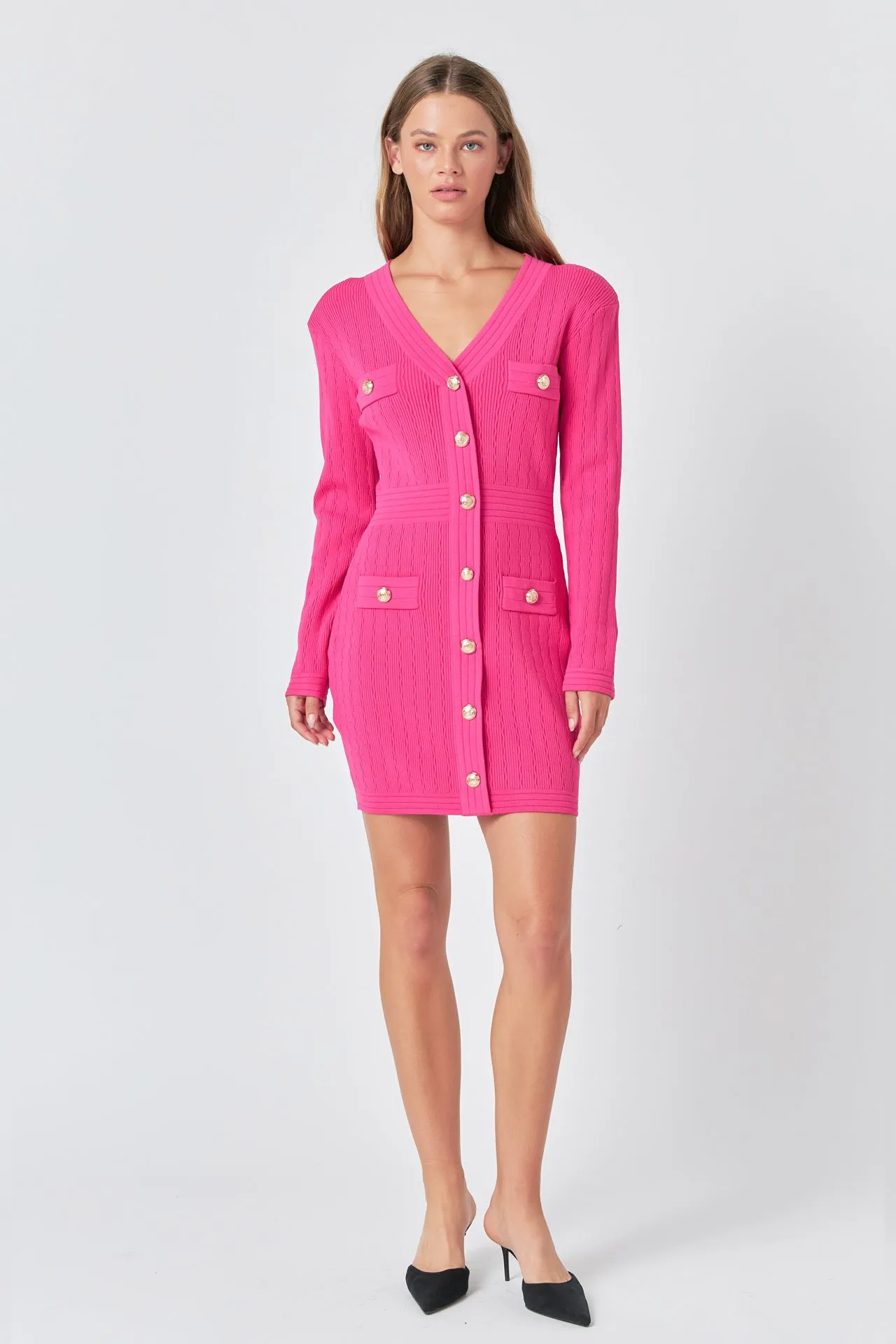 V-neck Long Sleeve Knit Mini Dress