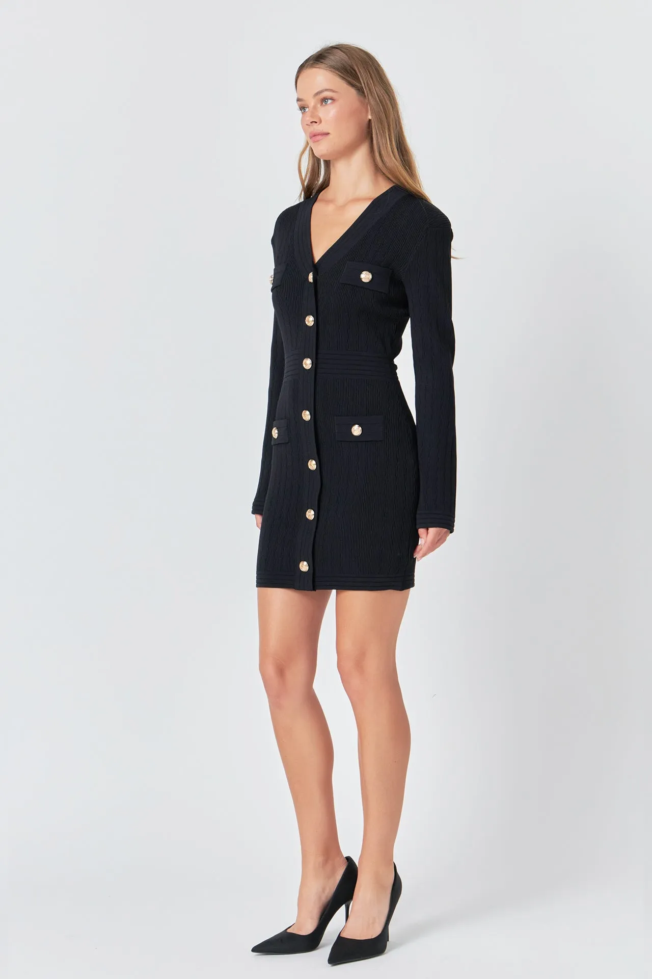 V-neck Long Sleeve Knit Mini Dress