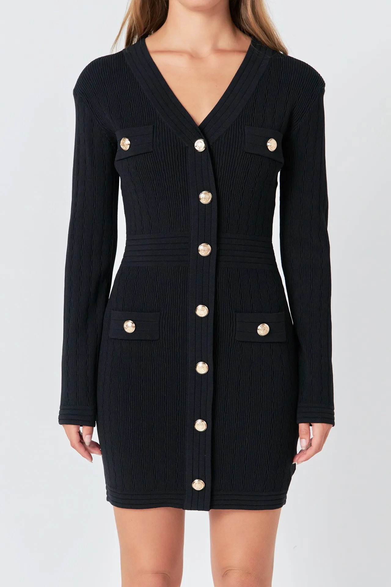 V-neck Long Sleeve Knit Mini Dress