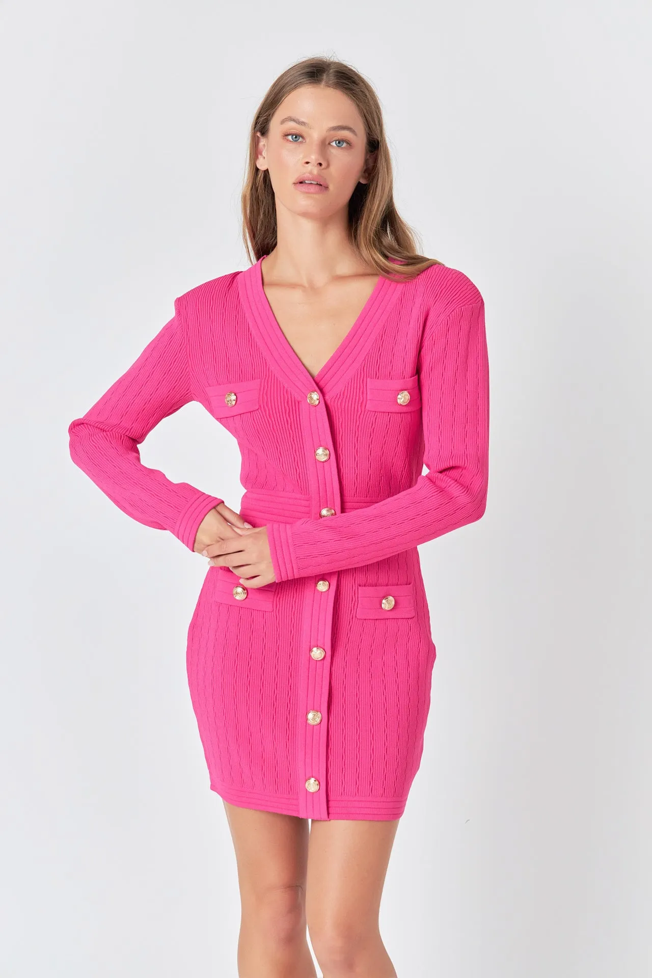 V-neck Long Sleeve Knit Mini Dress