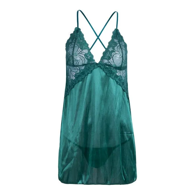 VenusFox New Sexy Backless Lingerie Women's Lace Satin Silk Sleepwear Pajamas Sex Hot Erotic Nightdress Underwear