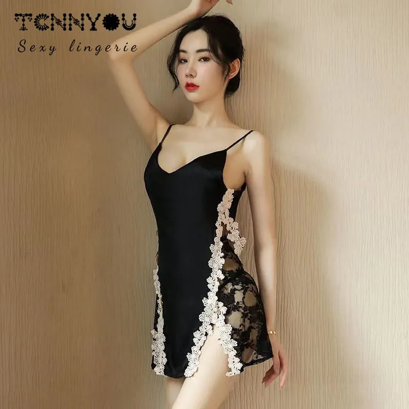 VenusFox Sexy Lace Applique High Fork Sling Backless Passion Black Seduction Nightdress Women's Underwear Pajamas