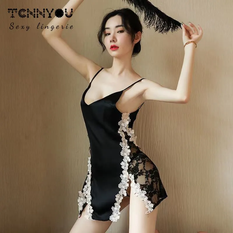 VenusFox Sexy Lace Applique High Fork Sling Backless Passion Black Seduction Nightdress Women's Underwear Pajamas