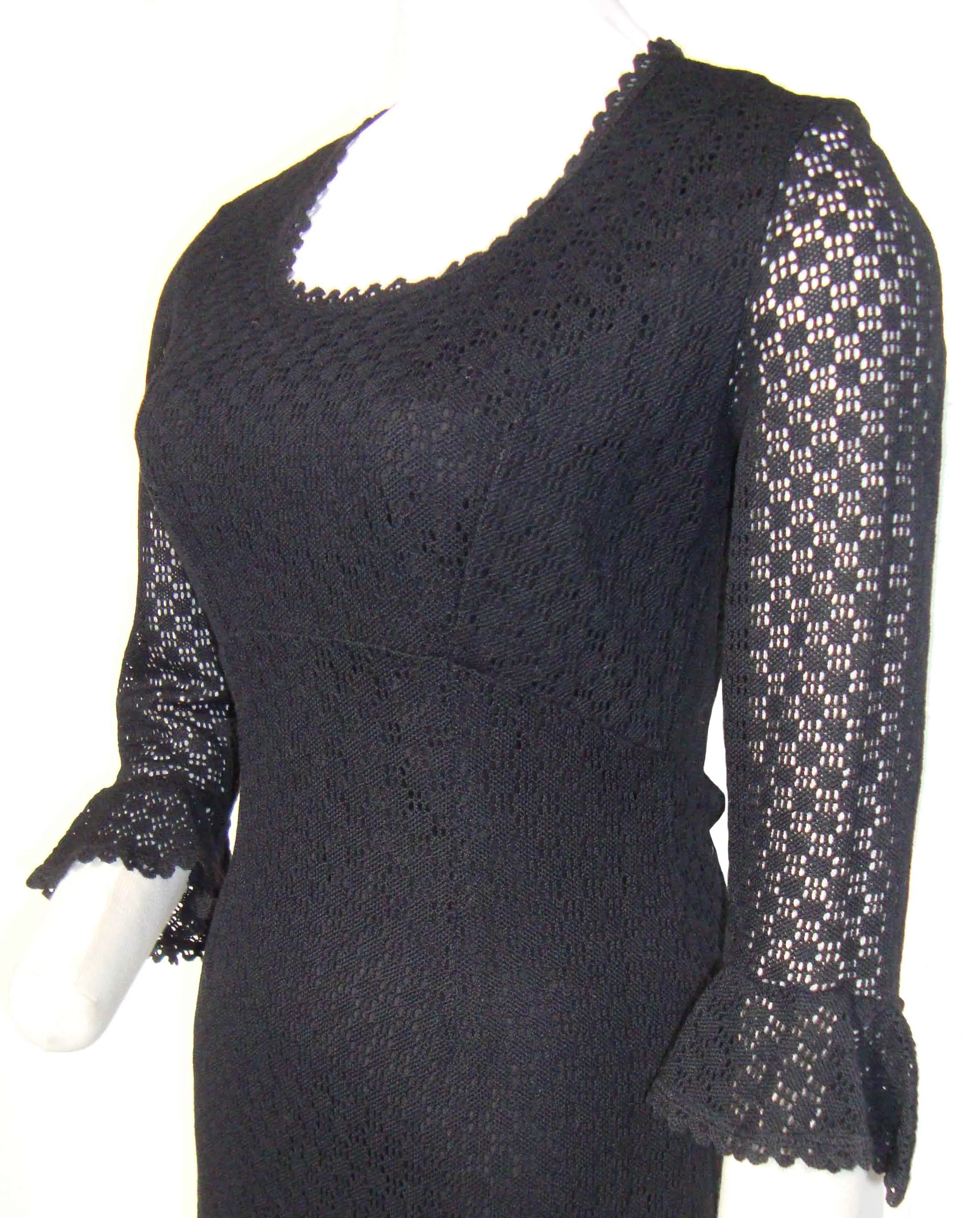 Vintage 60s Dress Black Lace Crochet Knit S XS