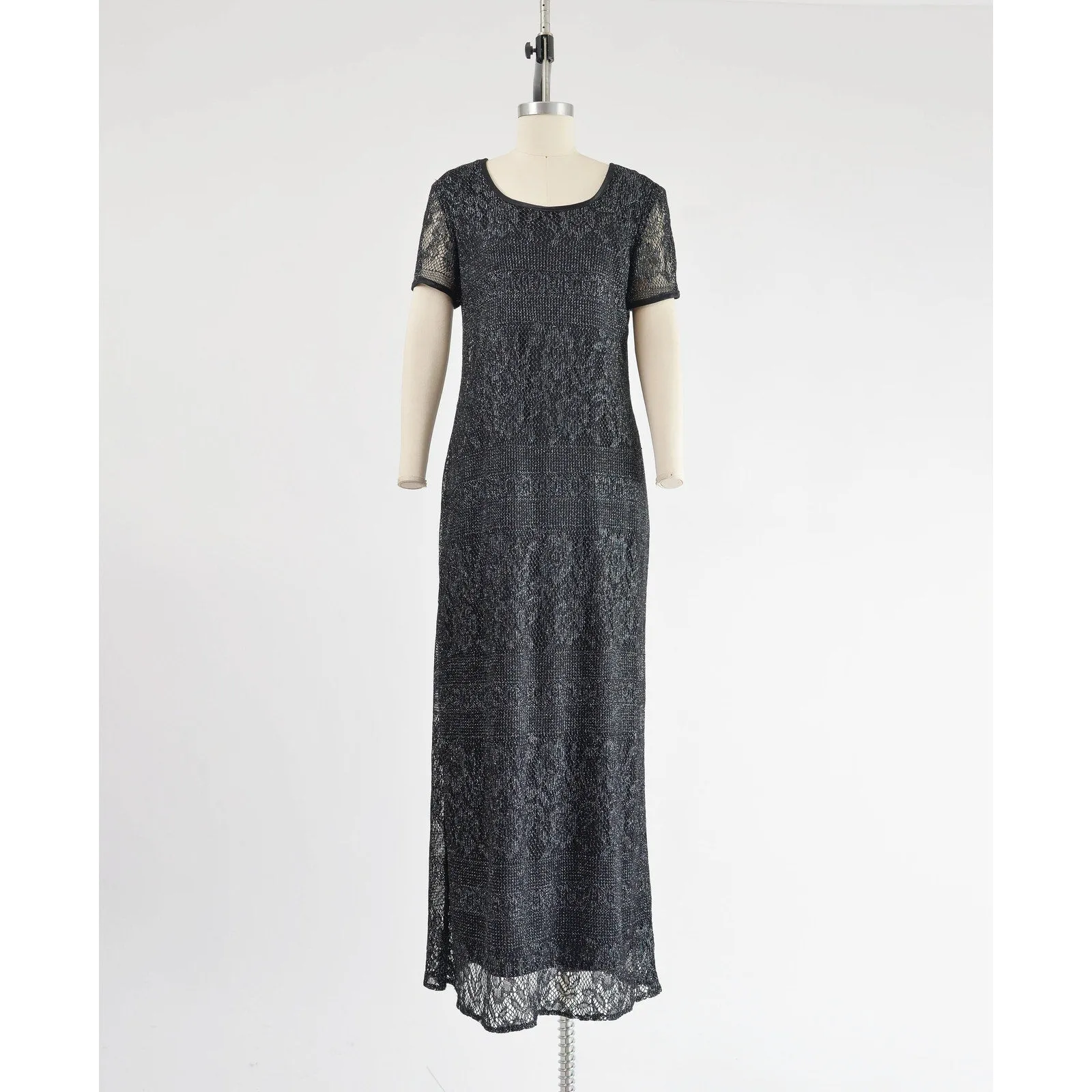 Vintage 90s Black Sheer Lace Metallic Silver Boho Whimsigoth Maxi Dress size M L