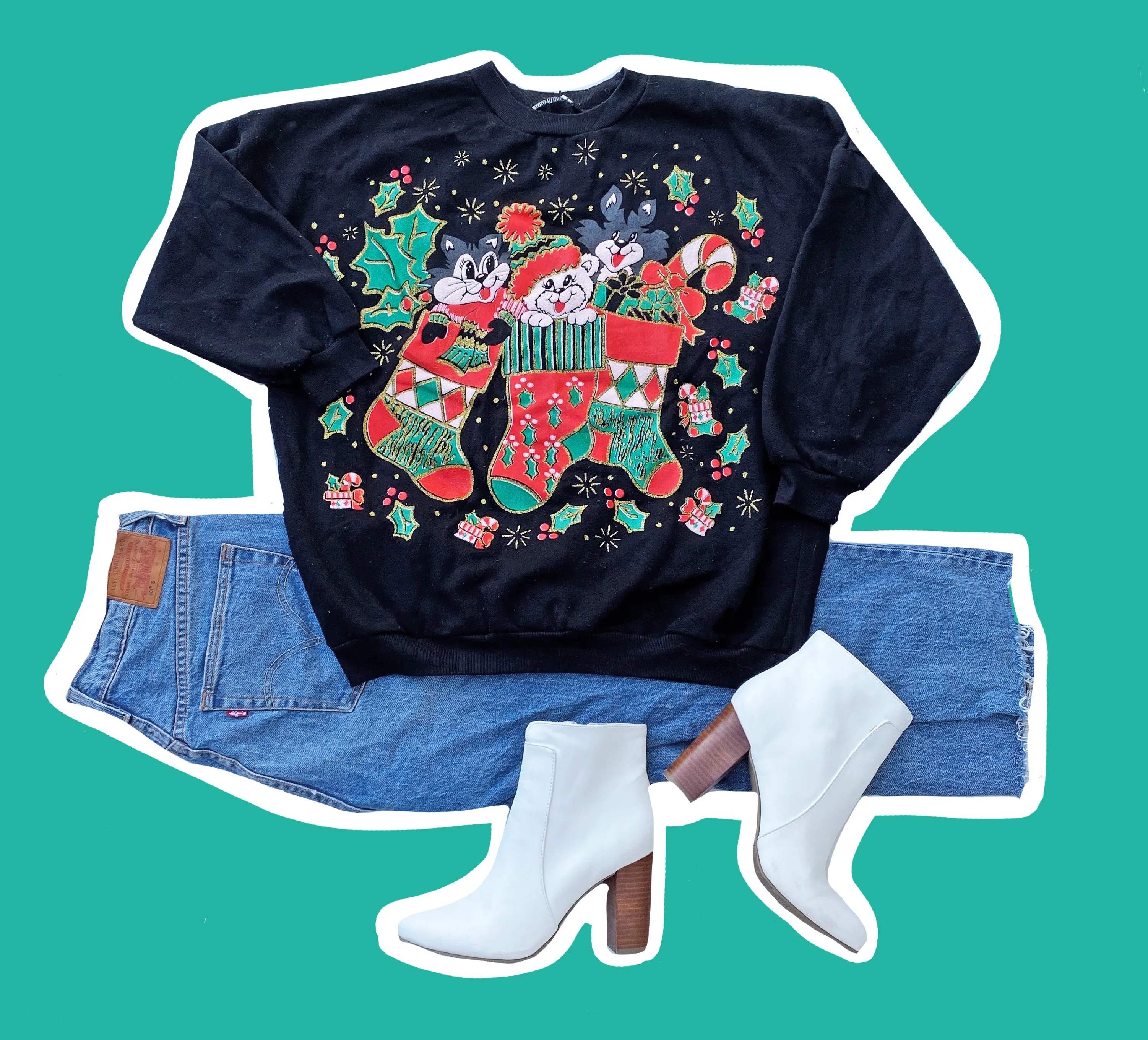 Vintage Cat Holiday Sweatshirt - XL