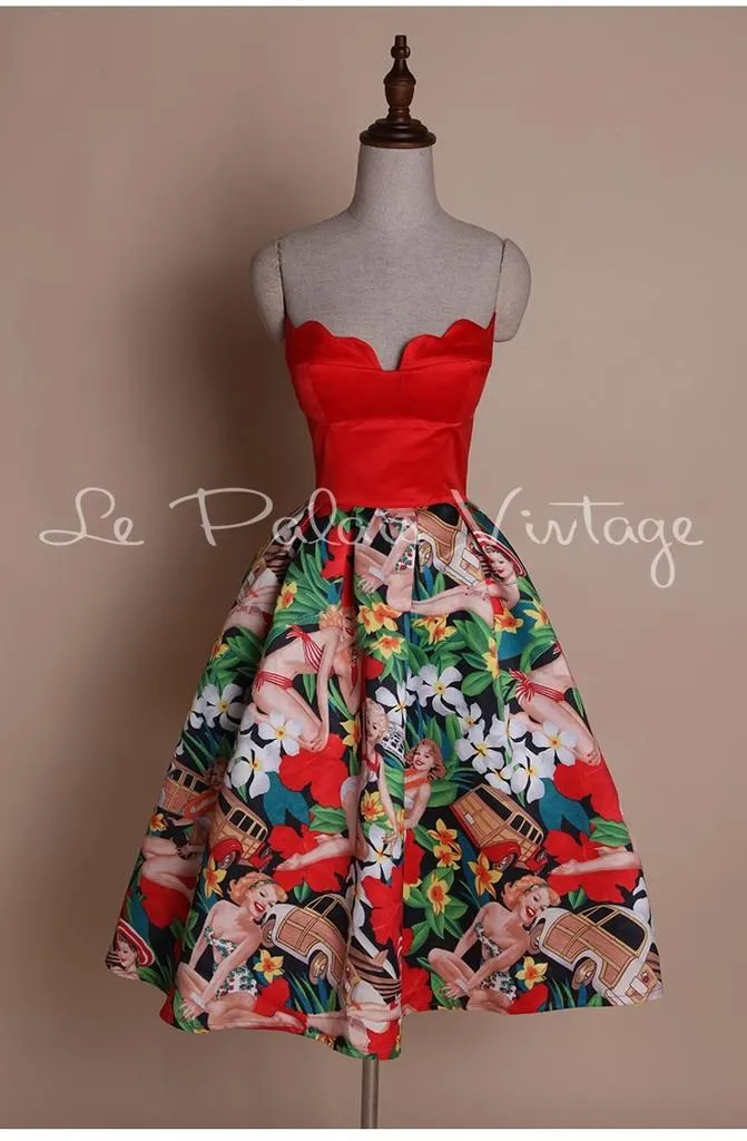 Vintage retro pinup 1950 strapless bustier full skirt floral dress- Dila