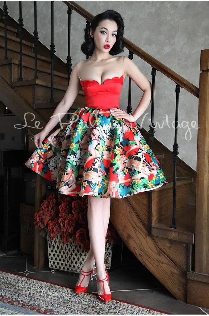 Vintage retro pinup 1950 strapless bustier full skirt floral dress- Dila