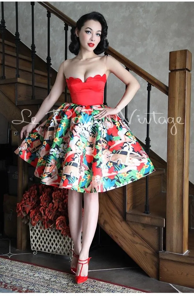 Vintage retro pinup 1950 strapless bustier full skirt floral dress- Dila