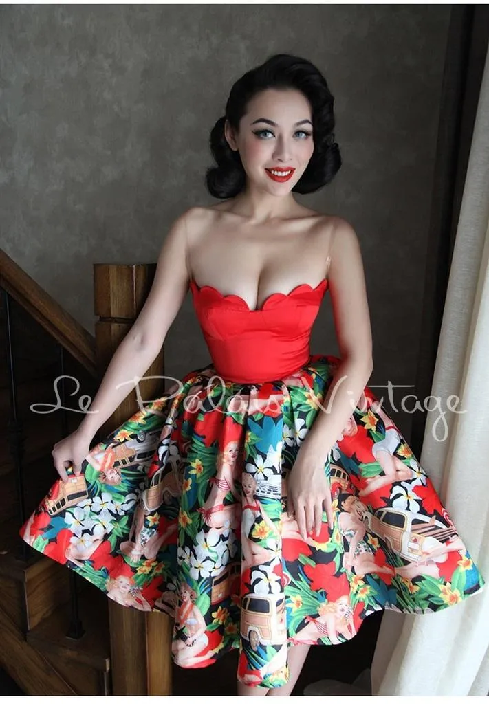 Vintage retro pinup 1950 strapless bustier full skirt floral dress- Dila