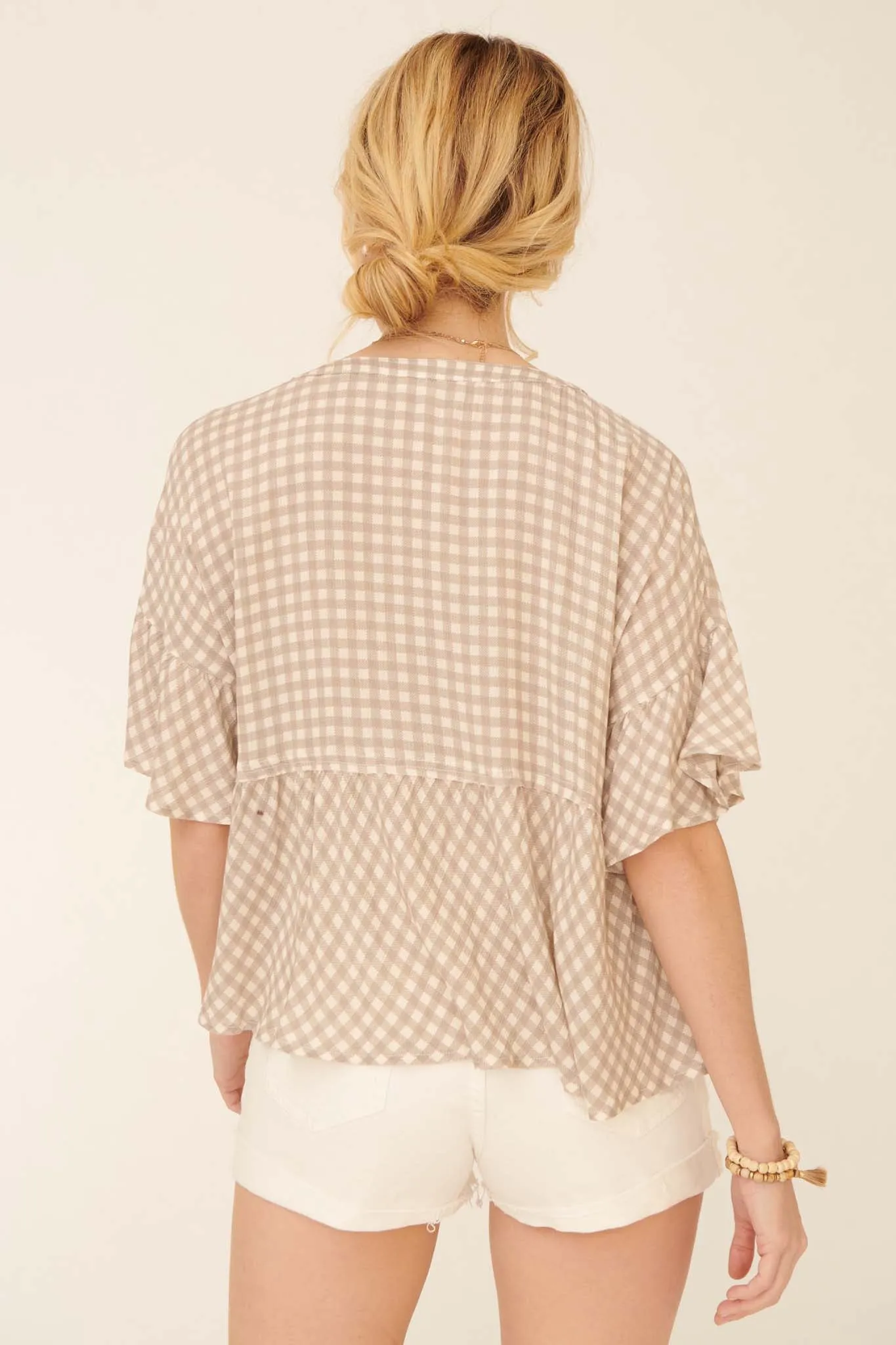 Weekender Ruffled Plaid Henley Babydoll Top