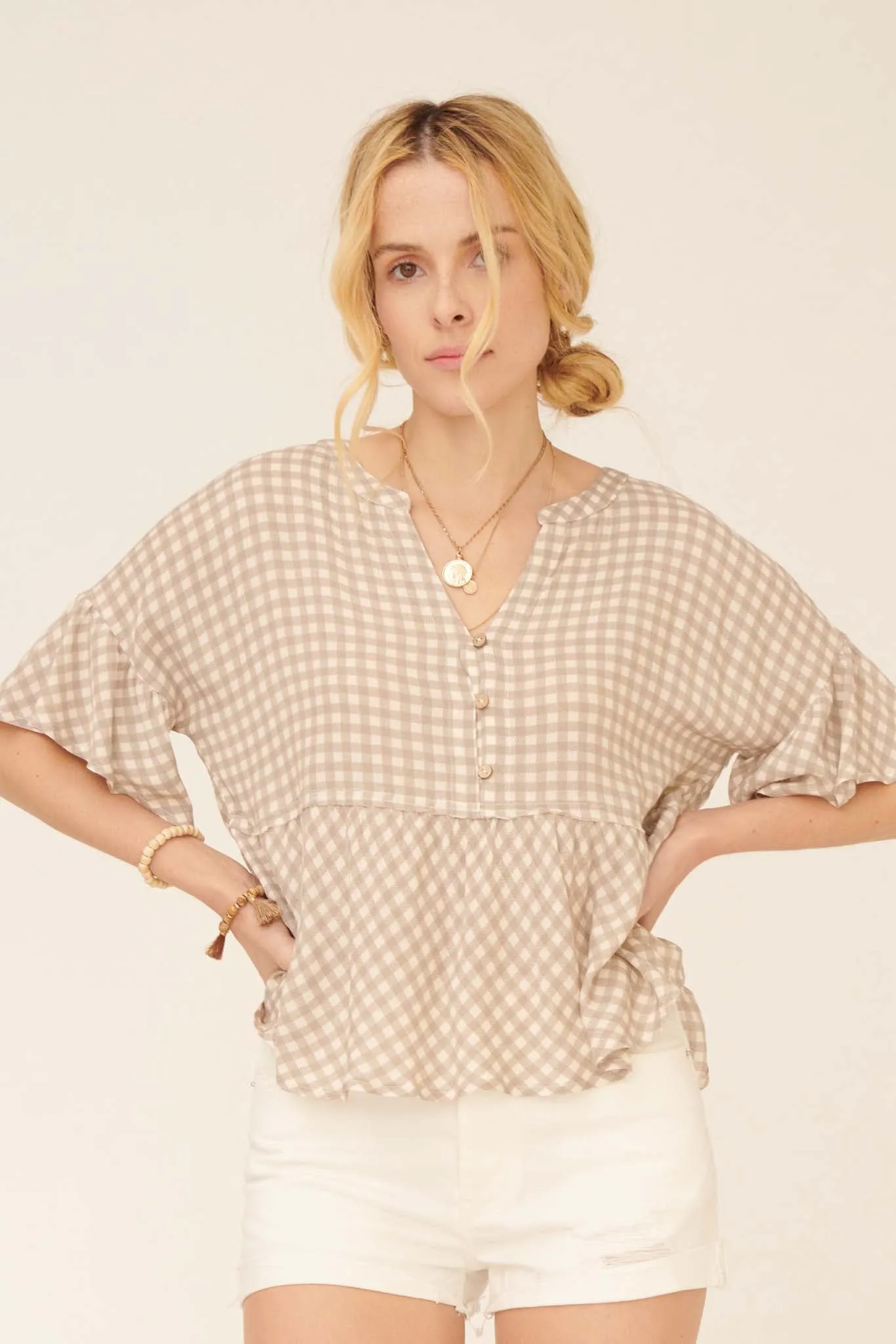 Weekender Ruffled Plaid Henley Babydoll Top