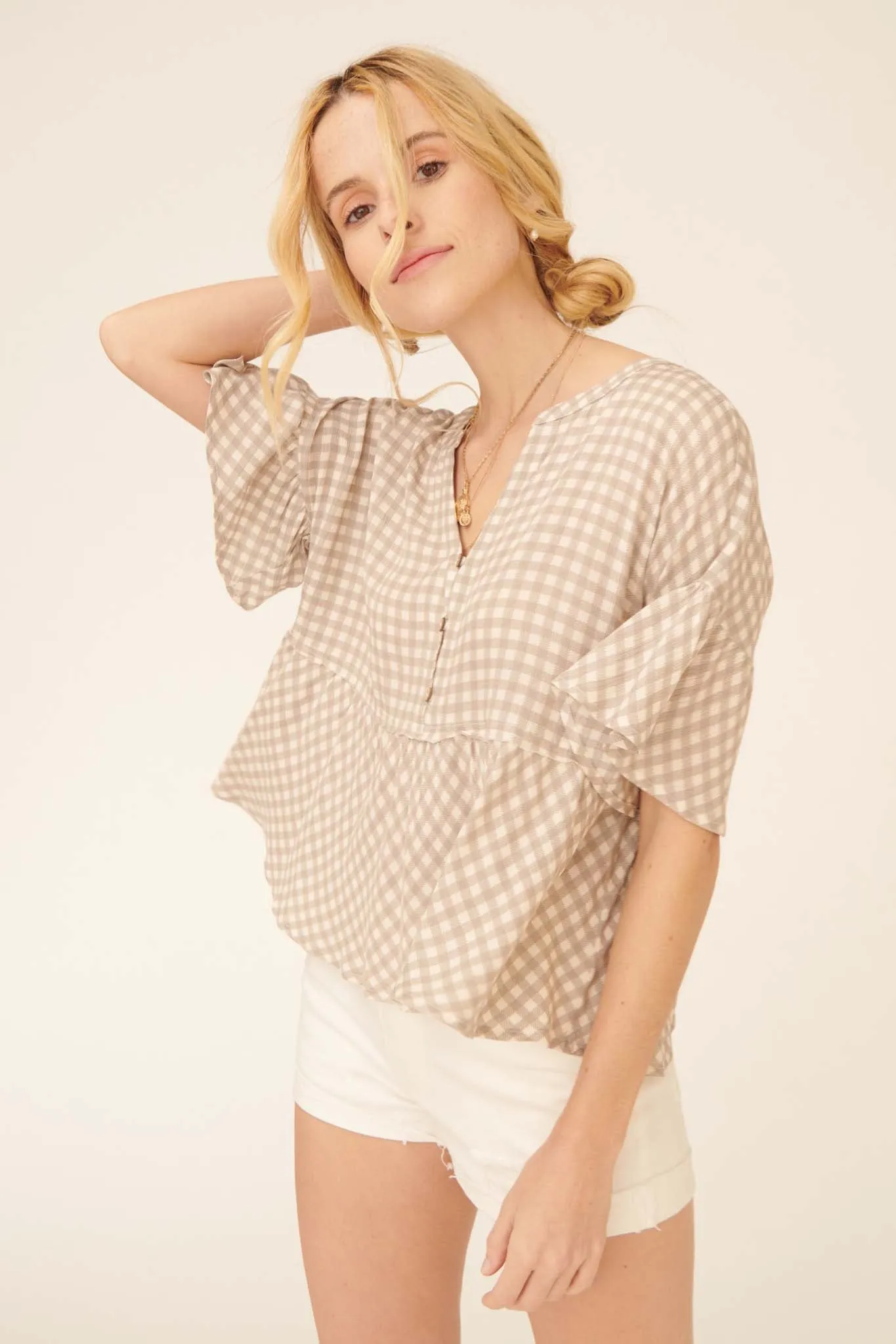 Weekender Ruffled Plaid Henley Babydoll Top